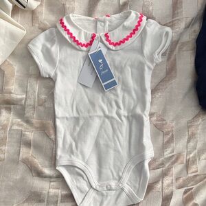 White Short-Sleeve Baby One-Piece with Pink Trim jacadi
